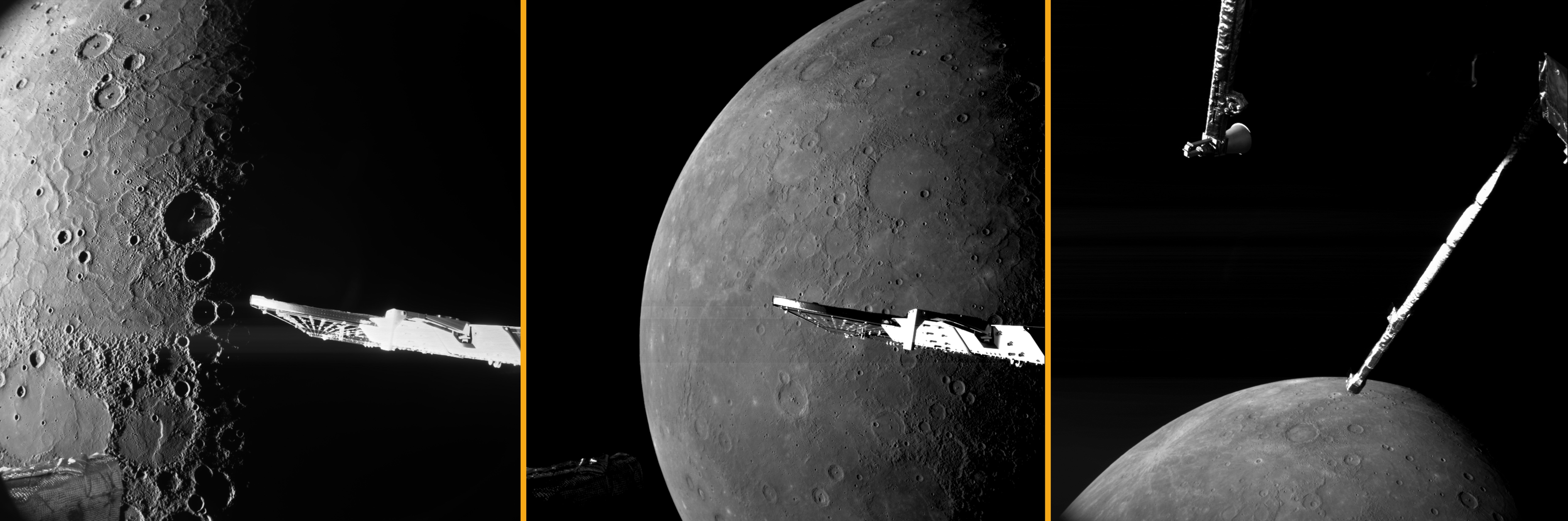 Three views of Mercury and parts of the BepiColombo spacecraft during its sixth Mercury flyby