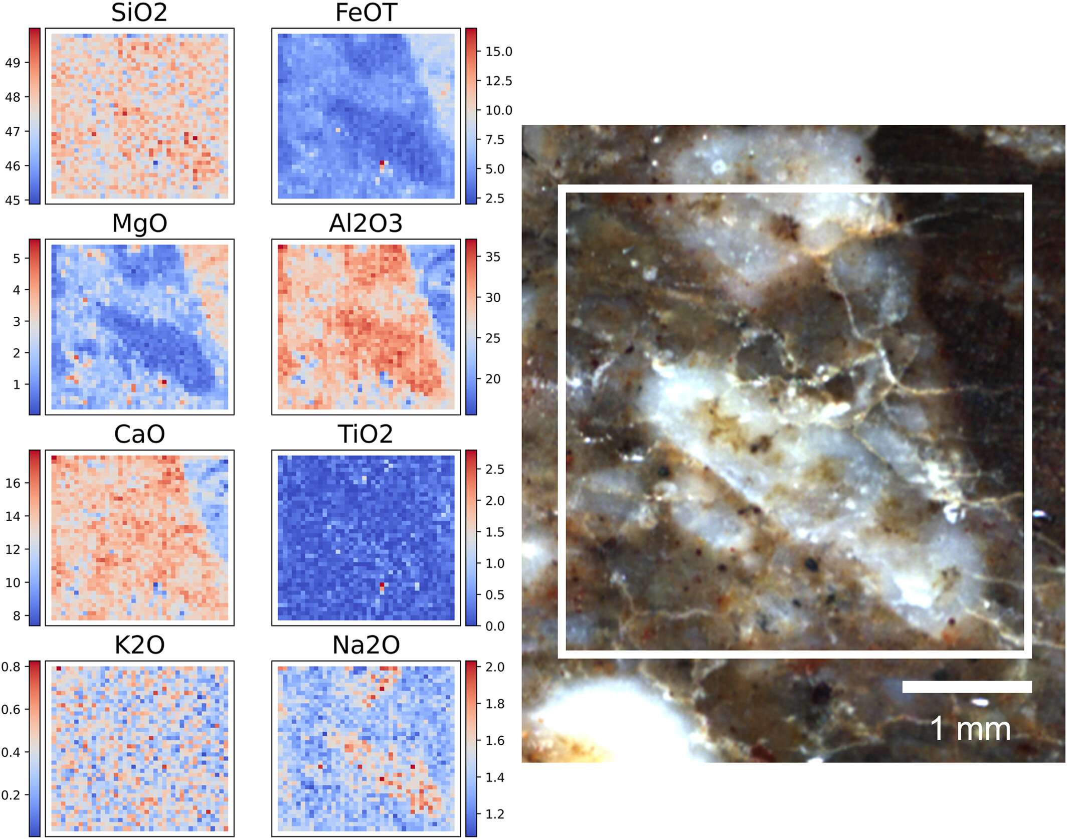 LIBS maps of eight major-element oxides alongside the mapped region of a feldspathic lunar meteorite