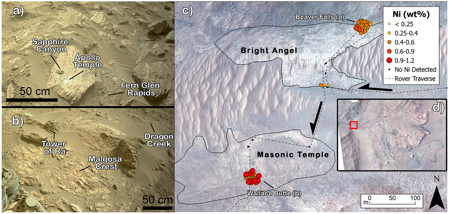Rover images and a map of nickel concentrations measured in rocks at Bright Angel and Masonic Temple in Neretva Vallis, Mars